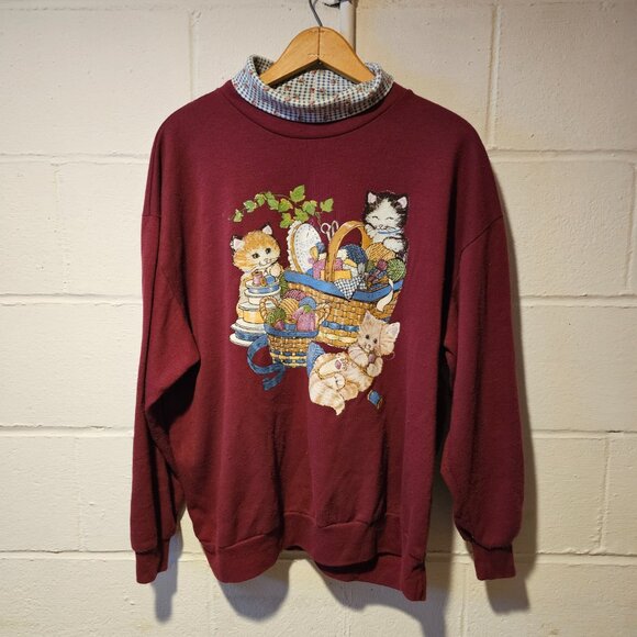 Vintage Cottagecore Granniecore Cat Lady Femi Cozy Turtleneck Cat Sweatshirt - Picture 2 of 11